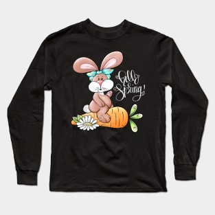 Hello Spring Easter Bunny Rabbit Messy Bun Carrot Easter Day Long Sleeve T-Shirt